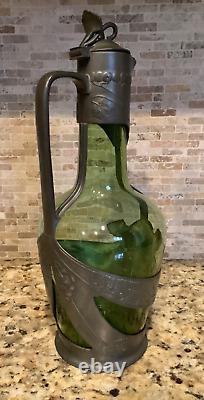 C. 1910s Art Nouveau Orivit Style Handled Wine Carafe Green Glass & Cast Pewter