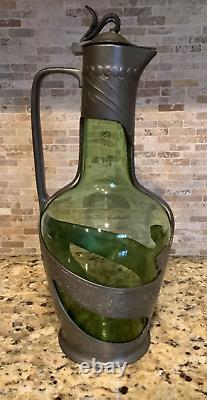 C. 1910s Art Nouveau Orivit Style Handled Wine Carafe Green Glass & Cast Pewter