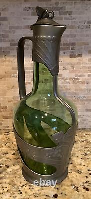 C. 1910s Art Nouveau Orivit Style Handled Wine Carafe Green Glass & Cast Pewter