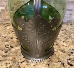 C. 1910s Art Nouveau Orivit Style Handled Wine Carafe Green Glass & Cast Pewter