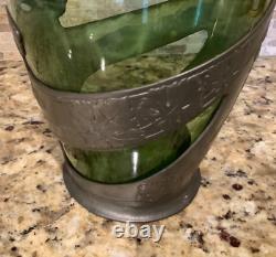C. 1910s Art Nouveau Orivit Style Handled Wine Carafe Green Glass & Cast Pewter