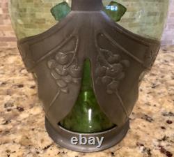 C. 1910s Art Nouveau Orivit Style Handled Wine Carafe Green Glass & Cast Pewter