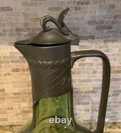 C. 1910s Art Nouveau Orivit Style Handled Wine Carafe Green Glass & Cast Pewter