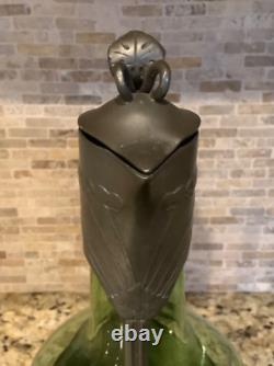 C. 1910s Art Nouveau Orivit Style Handled Wine Carafe Green Glass & Cast Pewter
