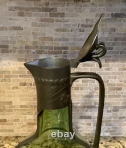 C. 1910s Art Nouveau Orivit Style Handled Wine Carafe Green Glass & Cast Pewter