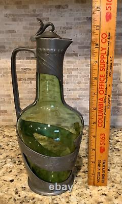 C. 1910s Art Nouveau Orivit Style Handled Wine Carafe Green Glass & Cast Pewter
