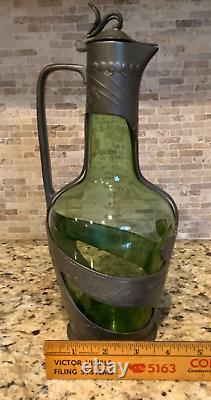C. 1910s Art Nouveau Orivit Style Handled Wine Carafe Green Glass & Cast Pewter