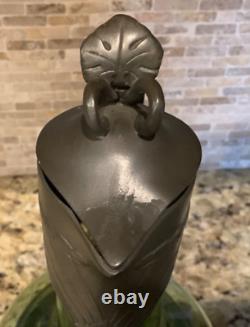 C. 1910s Art Nouveau Orivit Style Handled Wine Carafe Green Glass & Cast Pewter