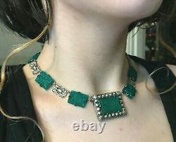 Ca. 1915 Fishel Sterling & Green Intaglio Necklace Art Nouveau- Deco Crossover