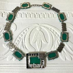 Ca. 1915 Fishel Sterling & Green Intaglio Necklace Art Nouveau- Deco Crossover