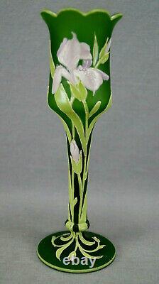Carl Goldberg Bohemian Hand Enameled Pink Iris & Green Satin Glass Vase C. 1900