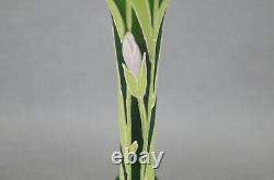 Carl Goldberg Bohemian Hand Enameled Pink Iris & Green Satin Glass Vase C. 1900