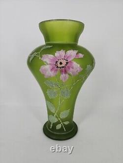 Carl Goldberg Large 11 Satin Green Art Nouveau Bohemian Vase Enamel Roses