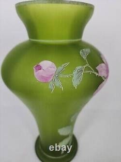 Carl Goldberg Large 11 Satin Green Art Nouveau Bohemian Vase Enamel Roses