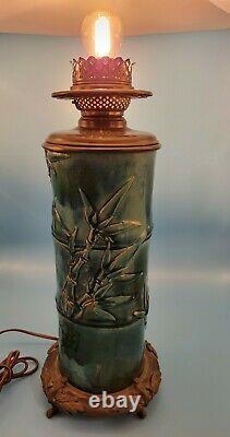 Ceramic Green Glazed Bamboo OIL LAMP Converted Art Nouveau Victorian Majolica