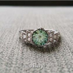 Certified 1.15Ct Green Round Cut Diamond 14K White Gold Art Deco Engagement Ring