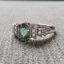 Certified 1.15Ct Green Round Cut Diamond 14K White Gold Art Deco Engagement Ring
