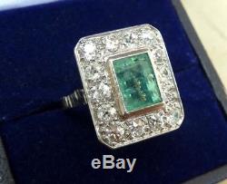 Certified 2Ct Emerald Cut Green Diamond in 14K White Gold Antique Art Deco Ring