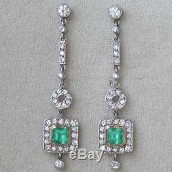 Certified 2.12Ct Green Cushion Diamond Art Deco 14K White Gold Dangle Earring