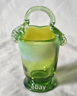 Charming Antique Green Vaseline Glass Basket Vase (a), Circa Art Nouveau