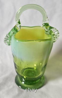 Charming Antique Green Vaseline Glass Basket Vase (a), Circa Art Nouveau
