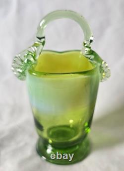 Charming Antique Green Vaseline Glass Basket Vase (a), Circa Art Nouveau