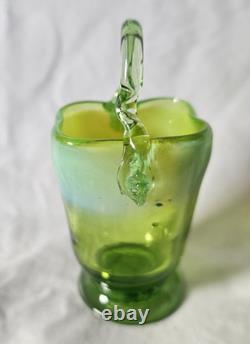 Charming Antique Green Vaseline Glass Basket Vase (a), Circa Art Nouveau