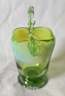 Charming Antique Green Vaseline Glass Basket Vase (a), Circa Art Nouveau