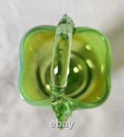 Charming Antique Green Vaseline Glass Basket Vase (a), Circa Art Nouveau