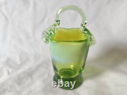 Charming Antique Green Vaseline Glass Basket Vase (a), Circa Art Nouveau