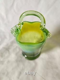 Charming Antique Green Vaseline Glass Basket Vase (a), Circa Art Nouveau