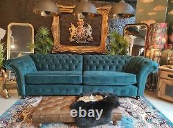 Chesterfield five four 4 seater sofa, British made new unused teal green velvet