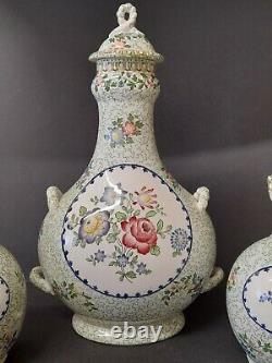 Copeland Late Spode Floral Parsley Green Vases One Lidded c1910