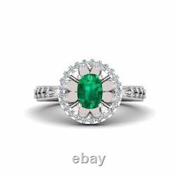 Created Green Emerald and Simulated White Diamond Art Nouveau Wedding Ring Women