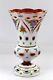 Czech Bohemian Hand Enameled Floral White Cased Cut To Cranberry Vase