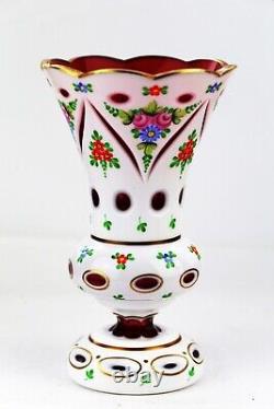 Czech Bohemian Hand Enameled Floral White Cased Cut to Cranberry Vase