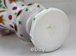 Czech Bohemian Hand Enameled Floral White Cased Cut to Cranberry Vase
