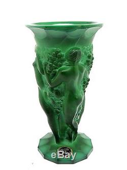 Czech Bohemian Malachite green Art Crystal Vase Dance of Nude Nymphs 8 ½ tall