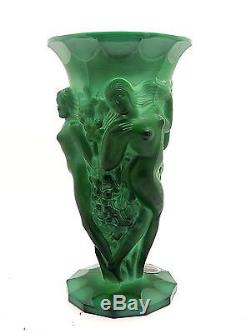 Czech Bohemian Malachite green Art Crystal Vase Dance of Nude Nymphs 8 ½ tall