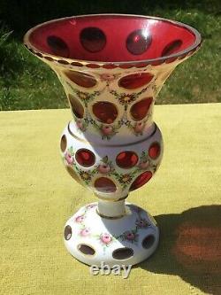 Czech Bohemian Moser Cut Overlay Cranberry Glass Vase White Cased Cut