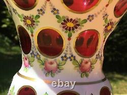 Czech Bohemian Moser Cut Overlay Cranberry Glass Vase White Cased Cut