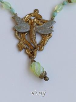 Czech Glass Uranium green Coloured Pendant Winged fairy Art Nouveau Grapes Vine