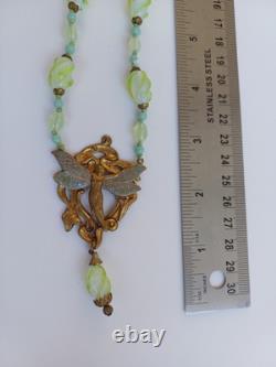 Czech Glass Uranium green Coloured Pendant Winged fairy Art Nouveau Grapes Vine