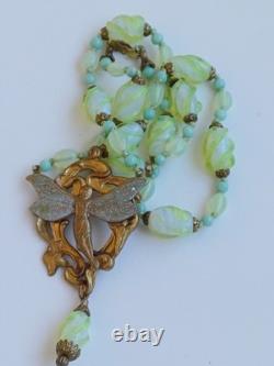 Czech Glass Uranium green Coloured Pendant Winged fairy Art Nouveau Grapes Vine