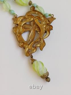 Czech Glass Uranium green Coloured Pendant Winged fairy Art Nouveau Grapes Vine