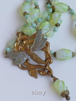 Czech Glass Uranium green Coloured Pendant Winged fairy Art Nouveau Grapes Vine