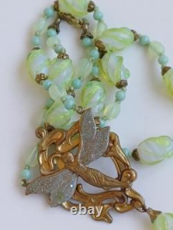Czech Glass Uranium green Coloured Pendant Winged fairy Art Nouveau Grapes Vine