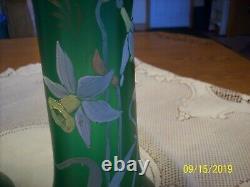 Daffodil Hand Painted Set Of 2 Matching Green Glass Tall Vintage Floral Vases