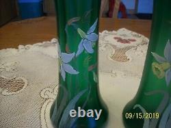 Daffodil Hand Painted Set Of 2 Matching Green Glass Tall Vintage Floral Vases