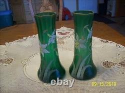 Daffodil Hand Painted Set Of 2 Matching Green Glass Tall Vintage Floral Vases